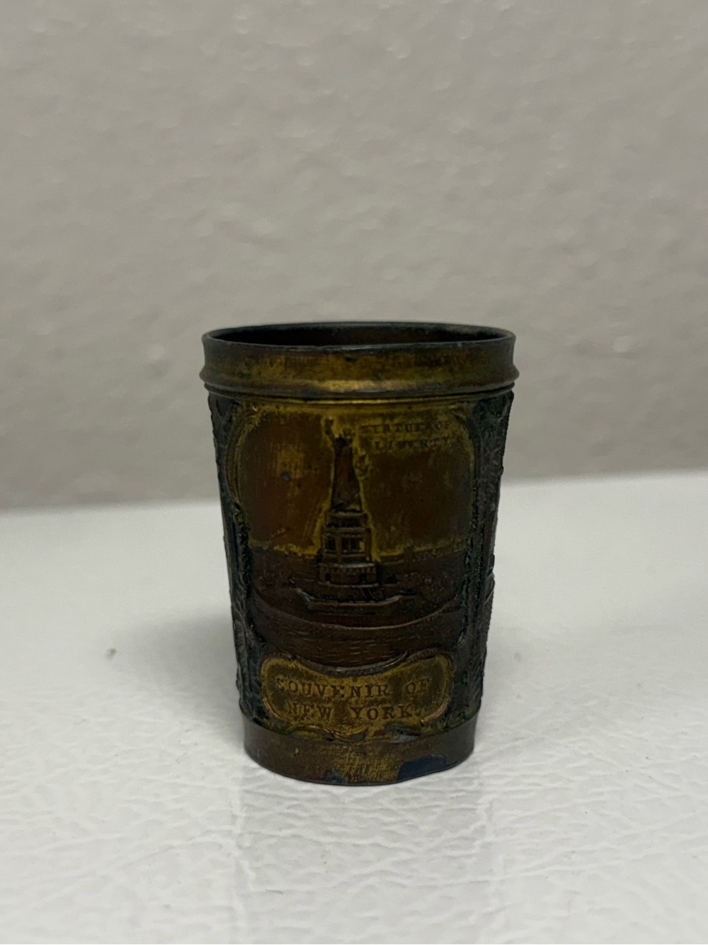 Vtg Souvenir New York City Metal Shot Glass Statue Of Liberty Aged Patina 2”